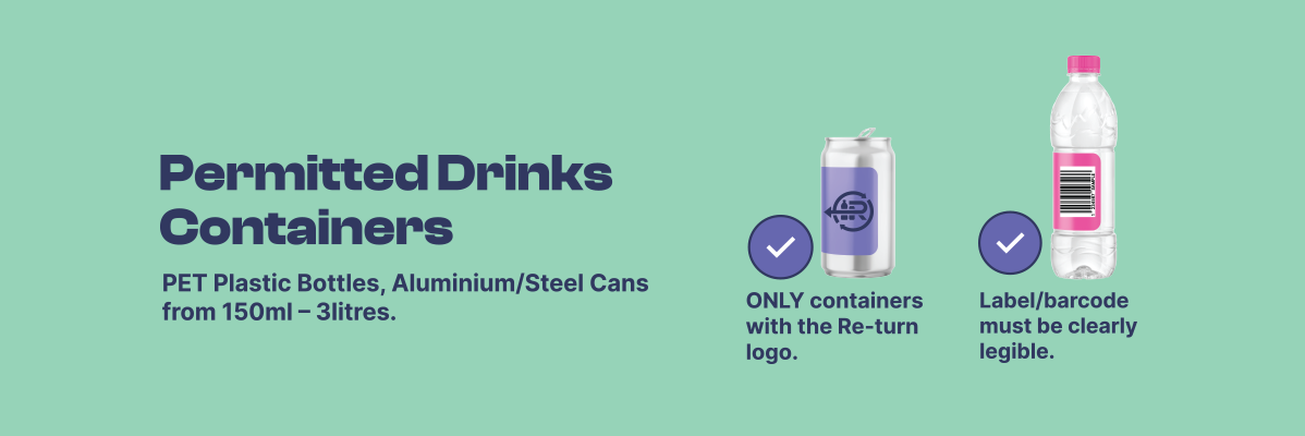 Permitted drink containers: PET plastic bottles, aluminium/steel cans.