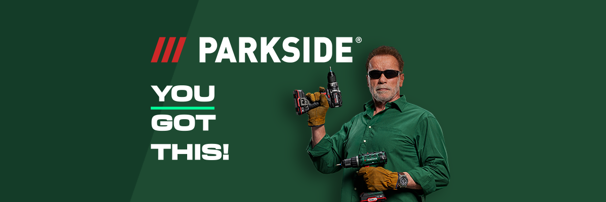 Parkside drills featuring Arnold Schwarzenegger.