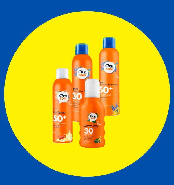 Four orange sun protection sprays and lotions with SPF 30 and 50+ on a yellow circle.