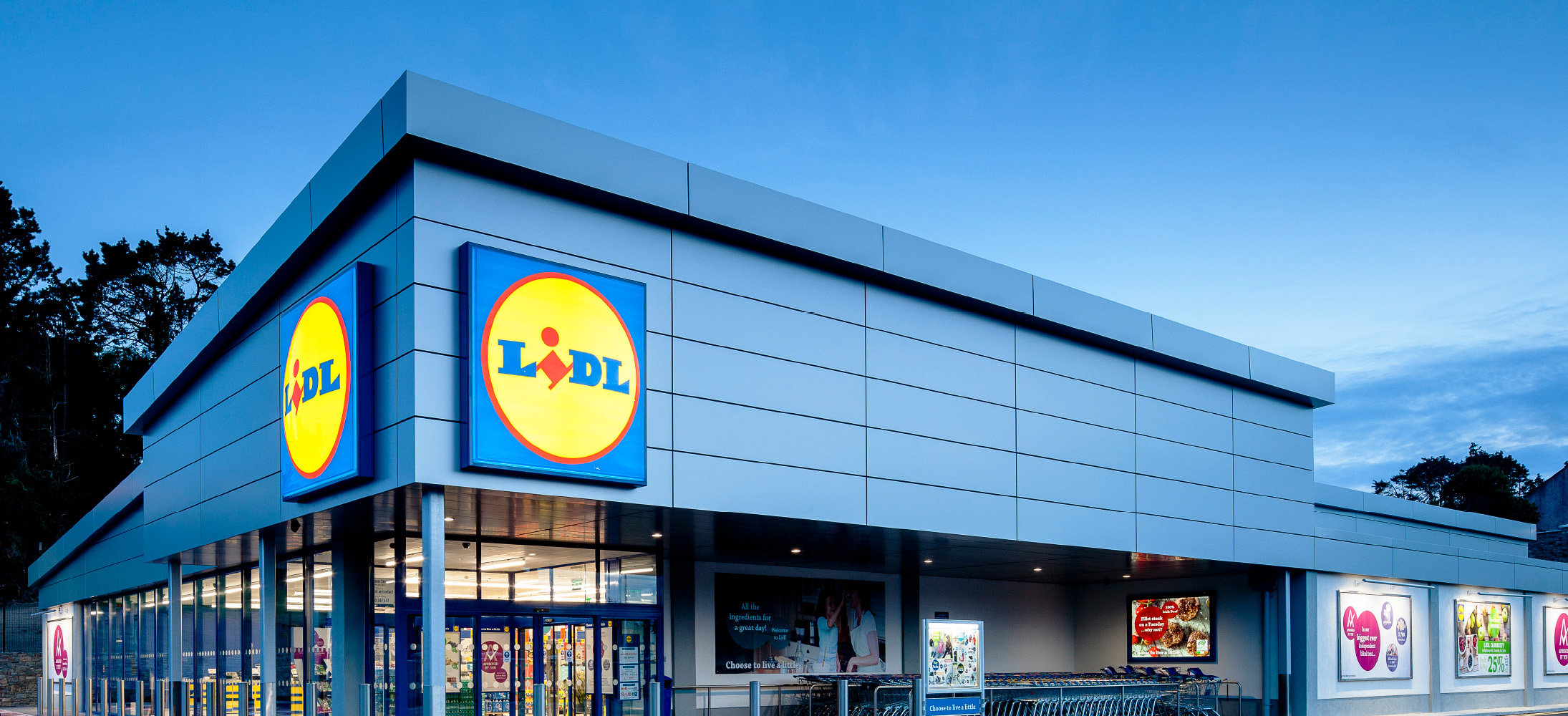 Exterior of a modern grocery store at dusk, with illuminated signs and entrance.
