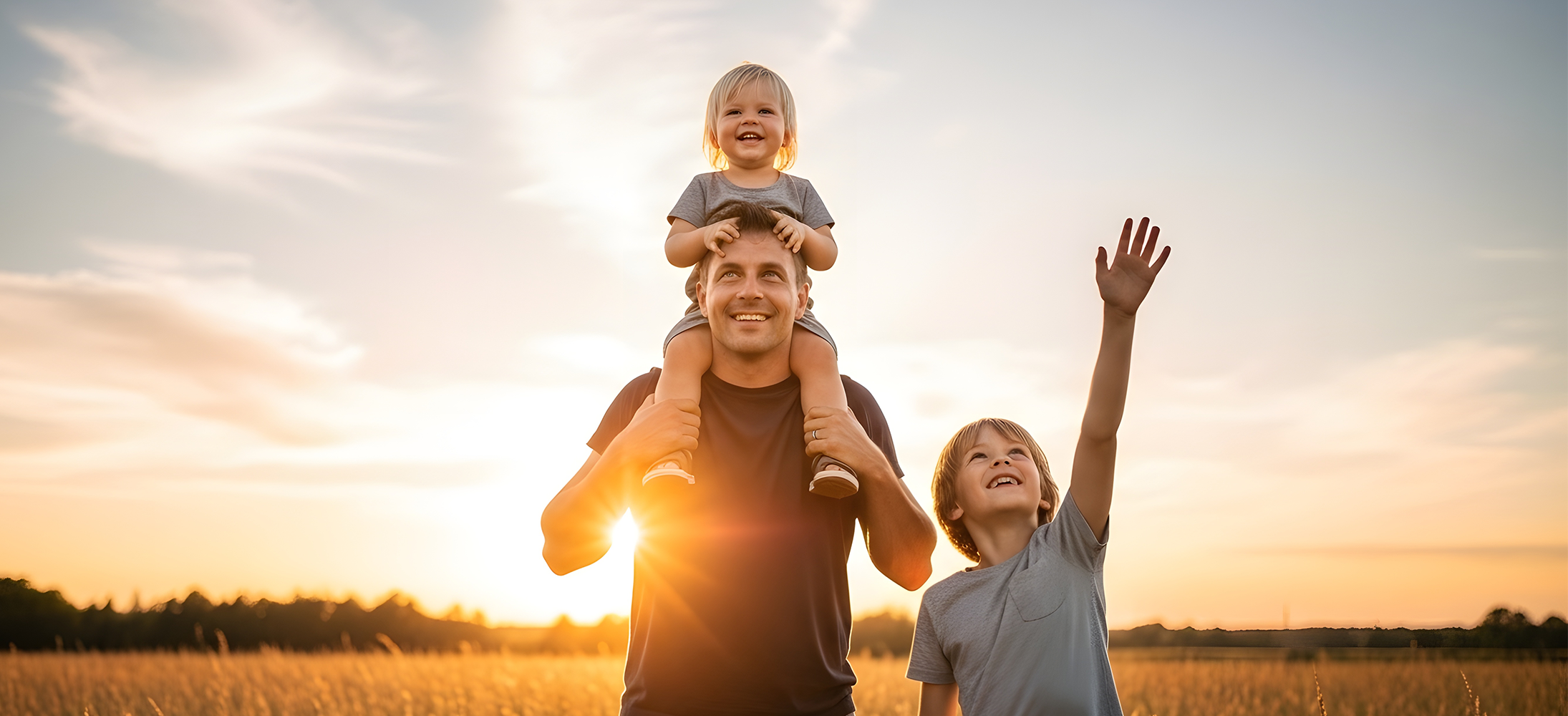 Father with two children in a field at sunset, one on shoulders, one waving.