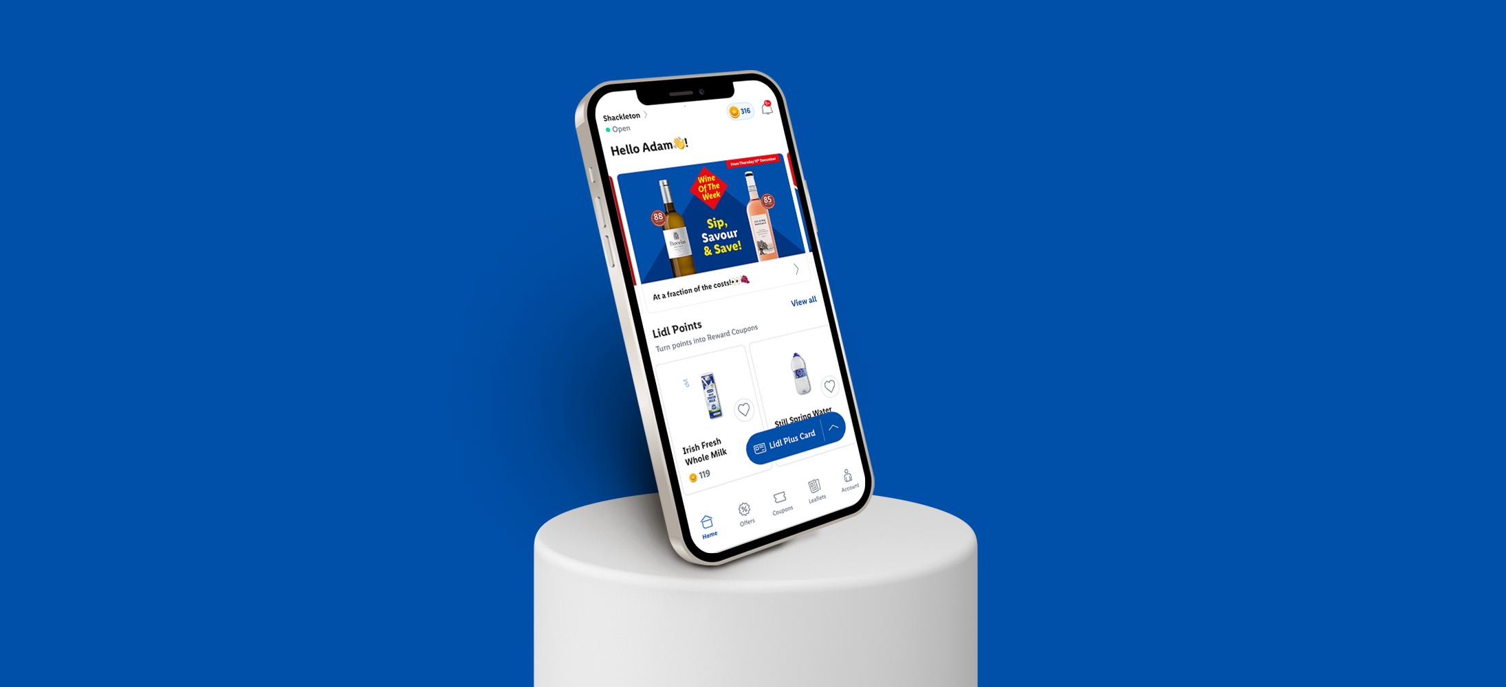 Lidl app displaying wine, milk, and water offers, with a 'Hello Adam!' greeting.
