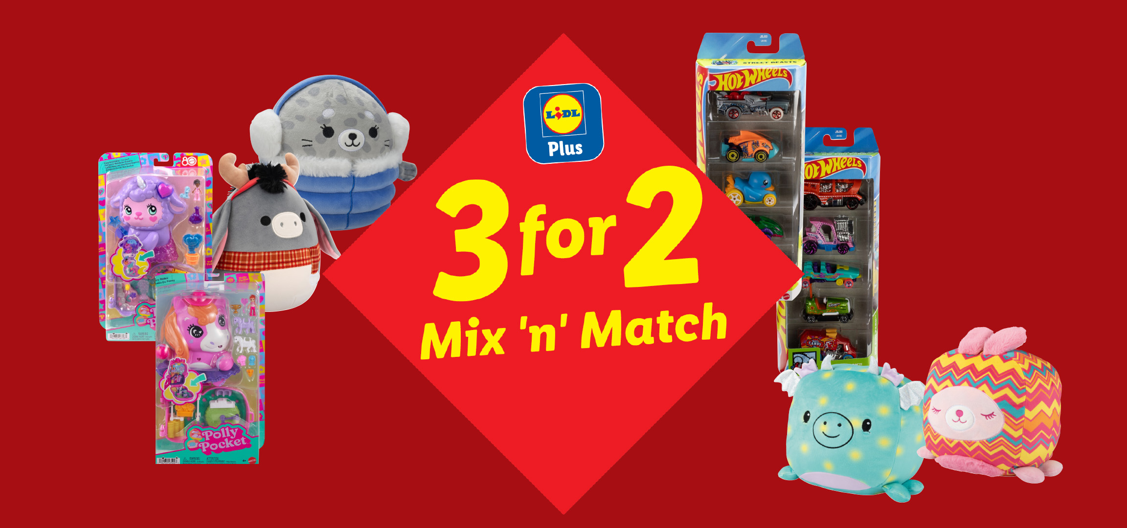 Lidl Plus 3 for 2 Mix 'n' Match offer on toys including Polly Pocket, Hot Wheels, and plush toys.