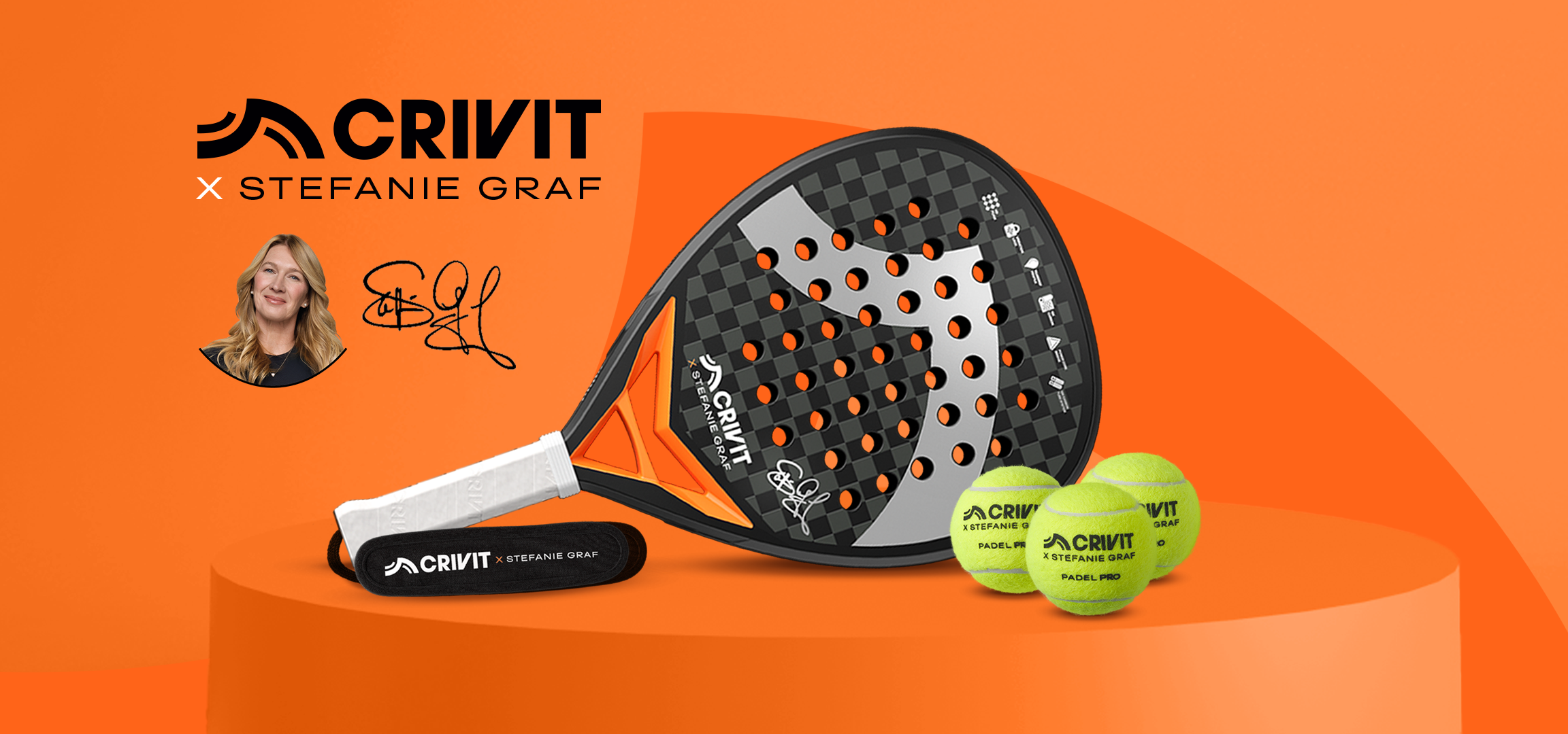 Padel racket and balls with a woman's portrait and signature, on an orange background.