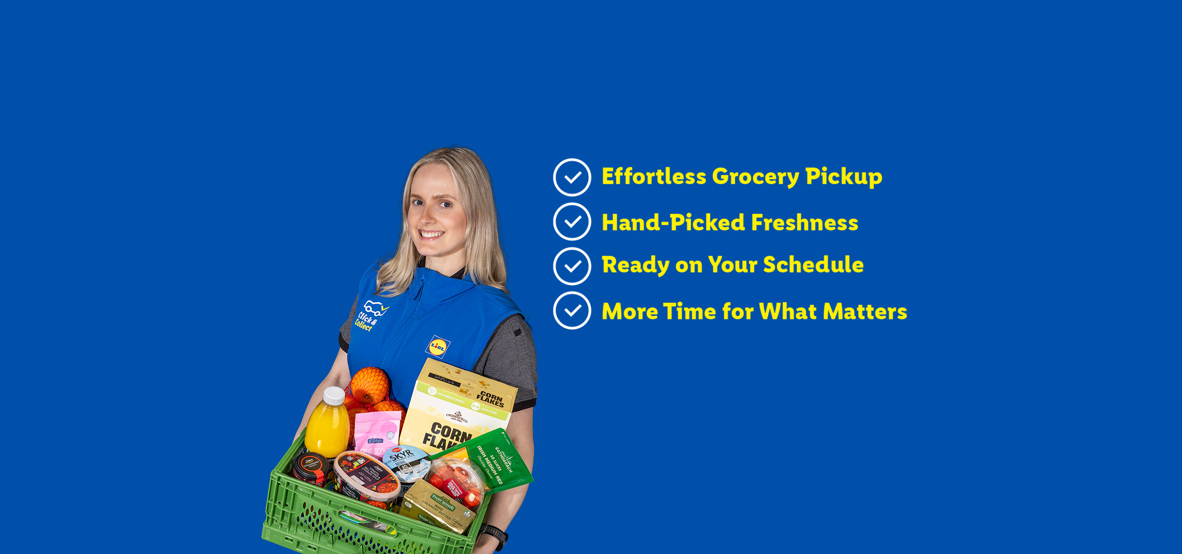 A smiling woman in a blue uniform holds a green crate of groceries, with text listing benefits like 'Effortless Grocery Pickup' and 'Hand-Picked Freshness'.