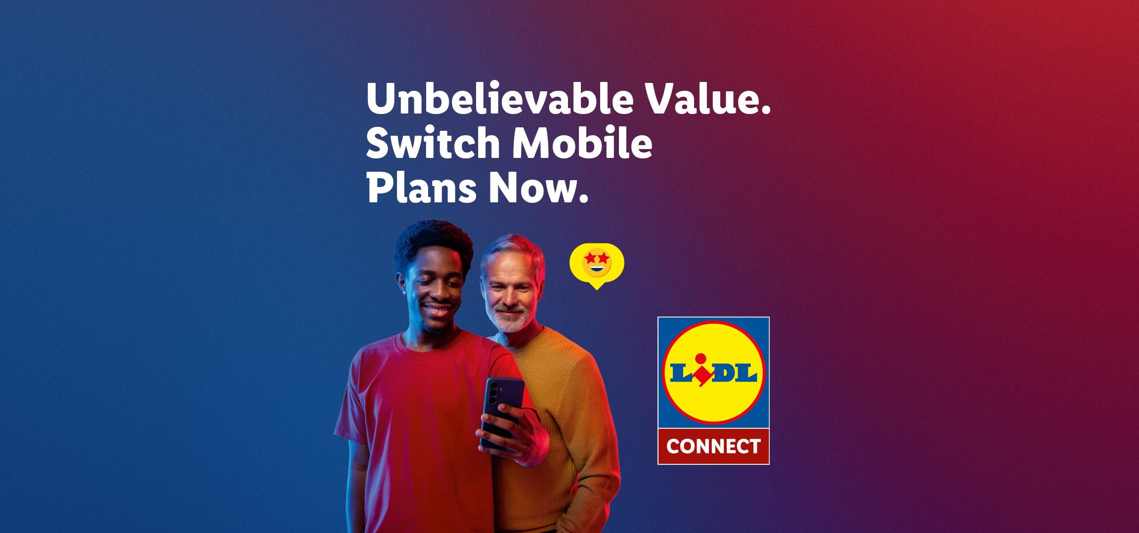 Two men looking at a phone next to text promoting mobile plans.