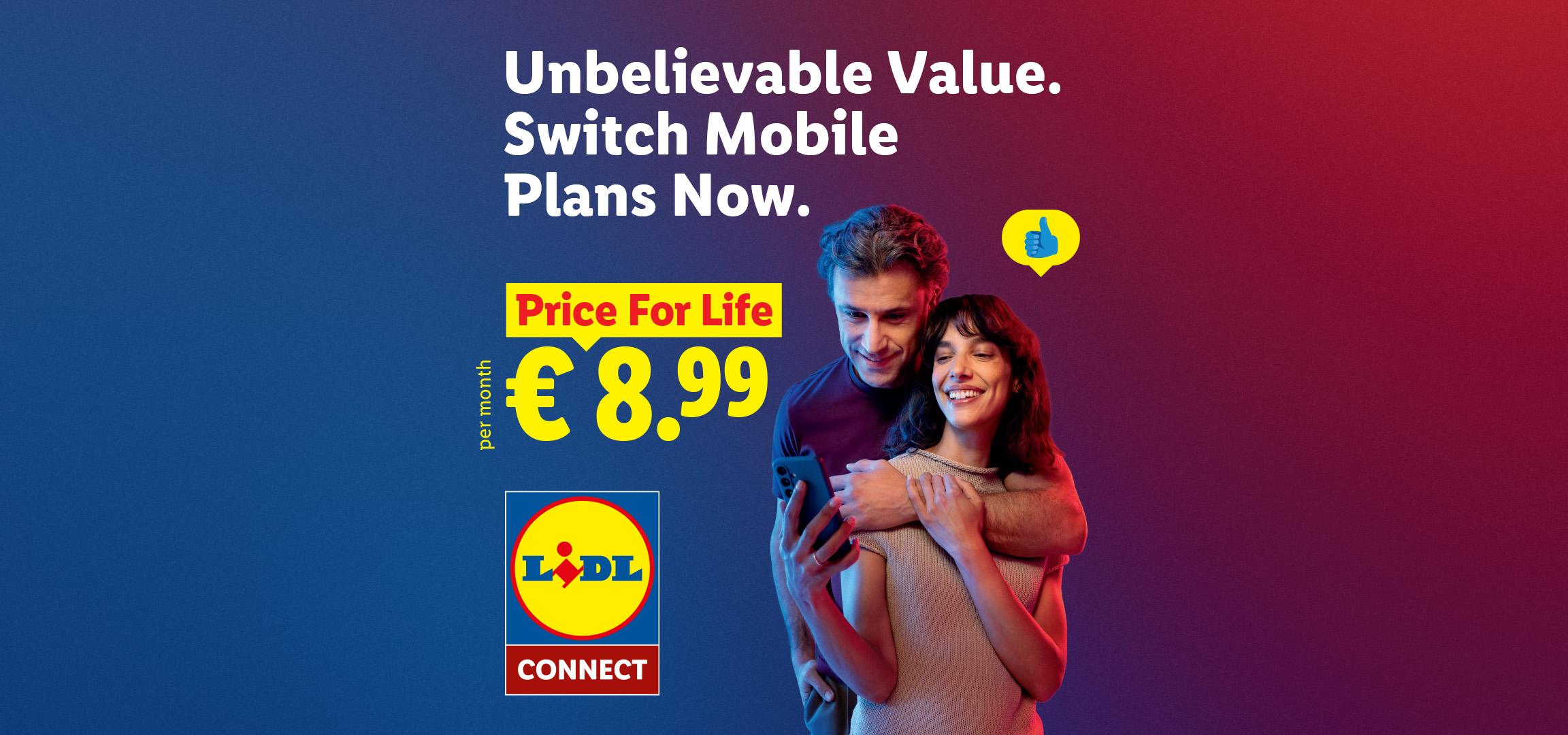 Promotional banner for a mobile plan offering a lifetime price of €8.99 per month.