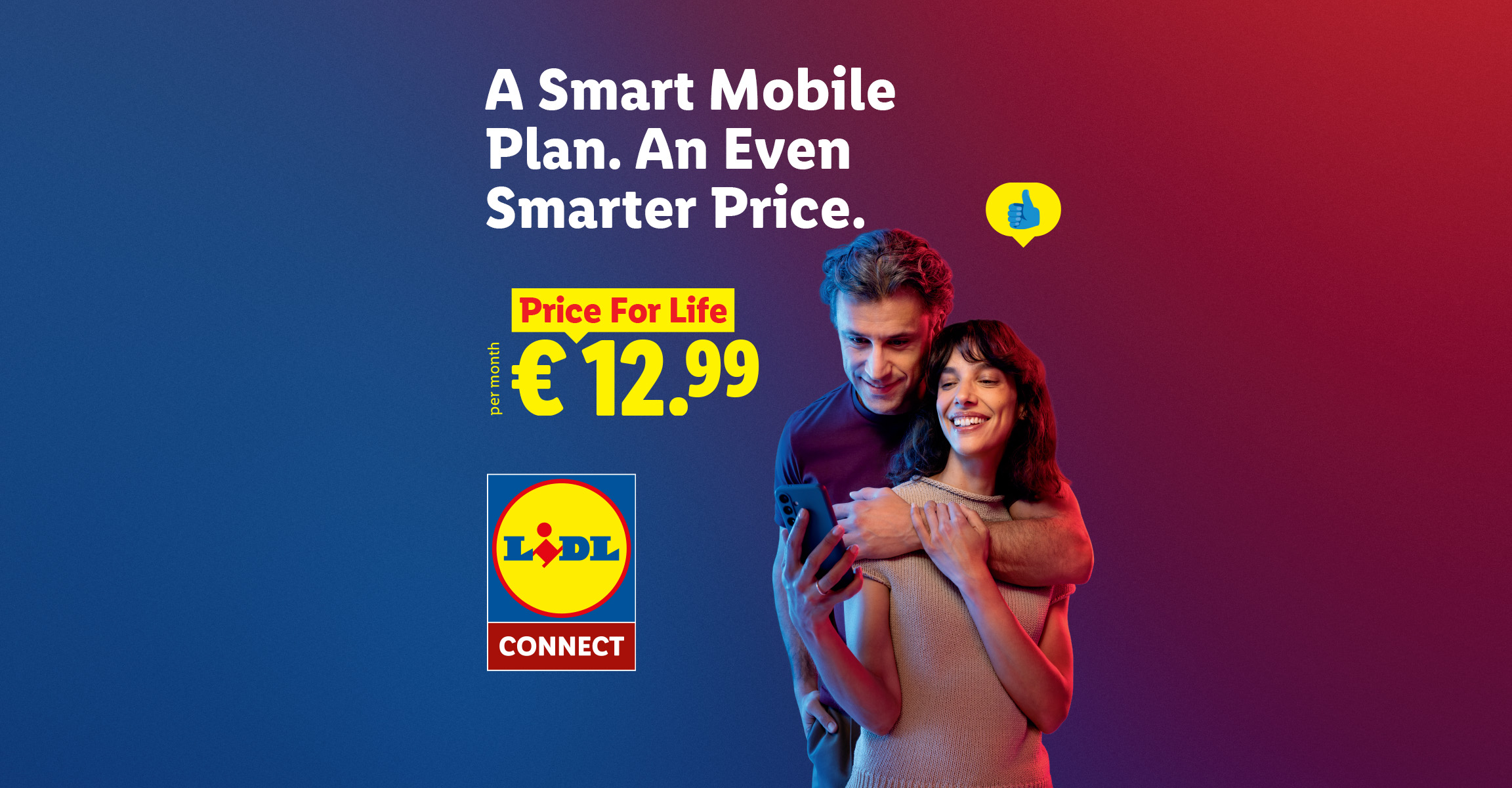 Mobile plan offer with unlimited 5G data, calls, and texts for €12.99 per month.
