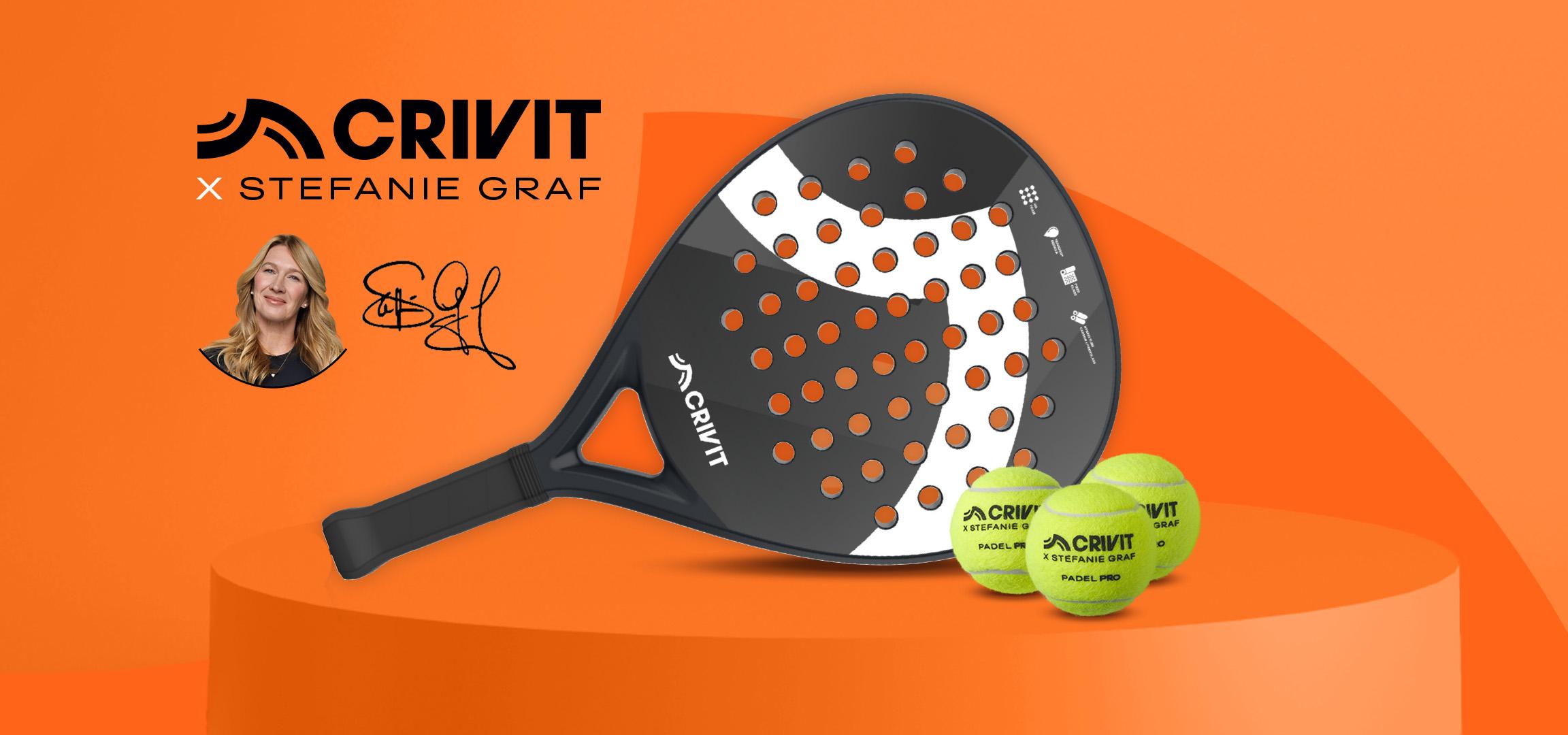 Padel racket and three tennis balls on an orange background, with a woman's portrait.