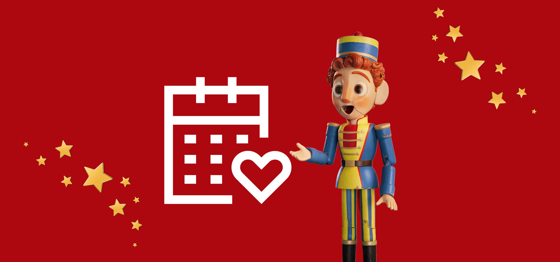 A toy soldier next to a calendar icon with a heart on a red background with stars.