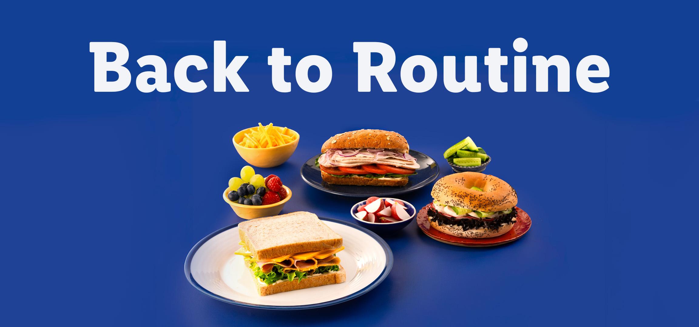 Various sandwiches, a bagel, fruit, and snacks on a blue background with text 'Back to Routine'.