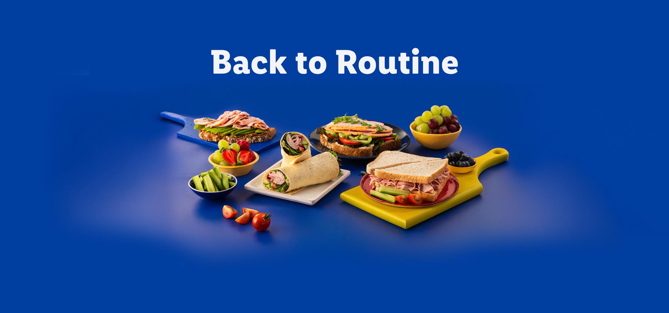 Various sandwiches, a bagel, fruit, and snacks on a blue background with text 'Back to Routine'.