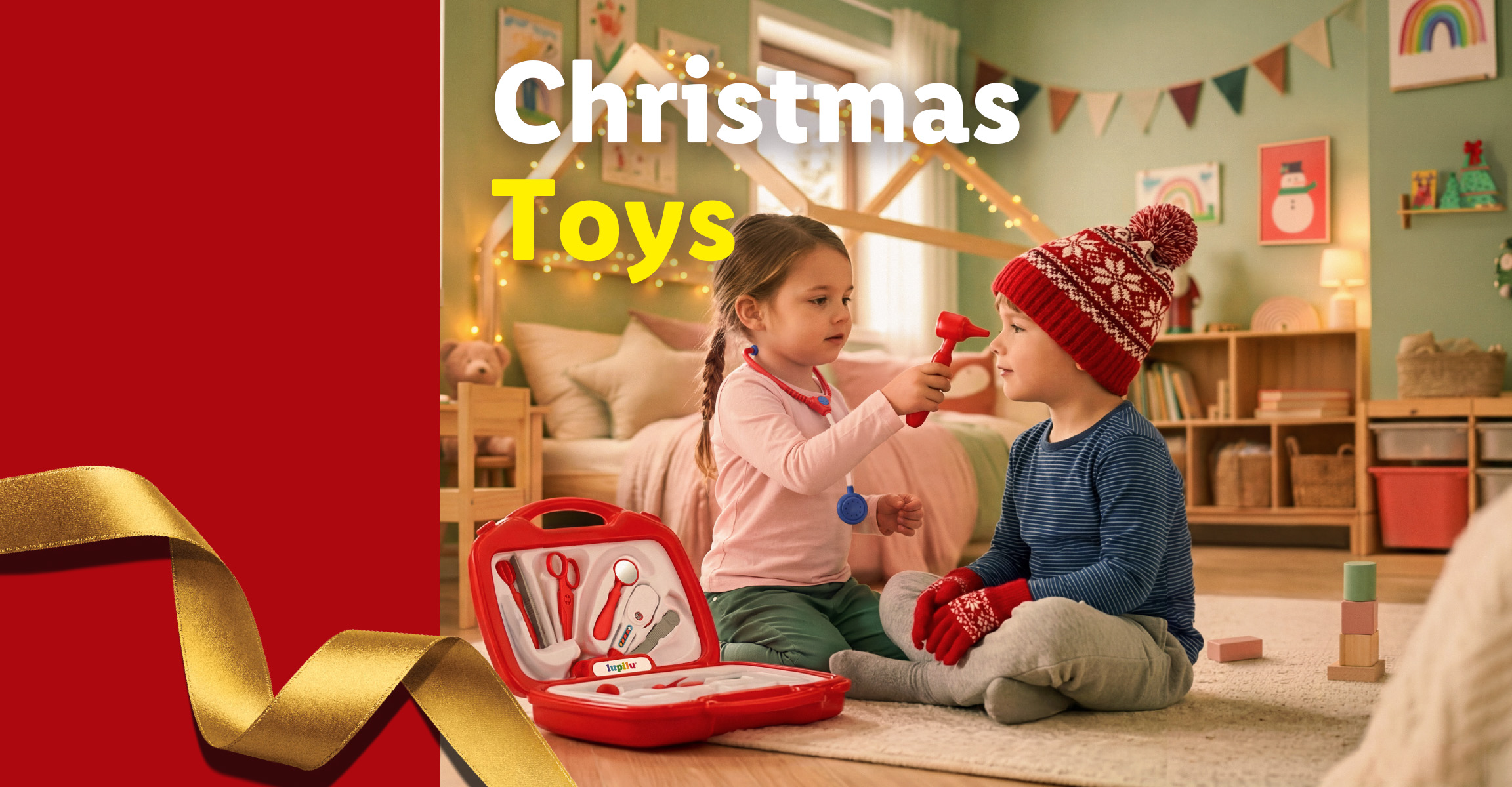 Two children playing with a toy doctor's kit, next to the text 'Christmas Toys'.