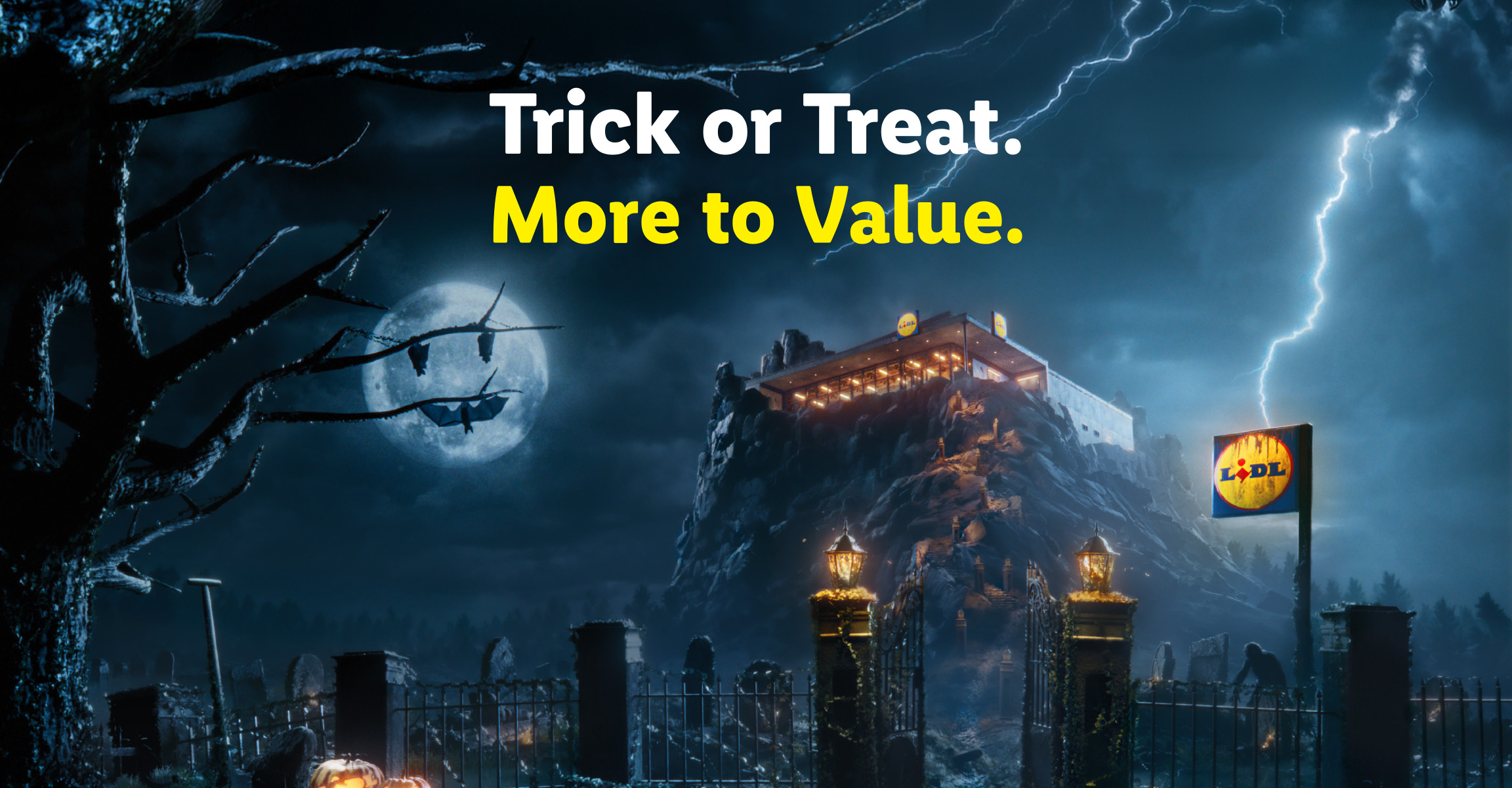 Spooky Halloween-themed supermarket on a rocky hill under a full moon with text: Trick or Treat.