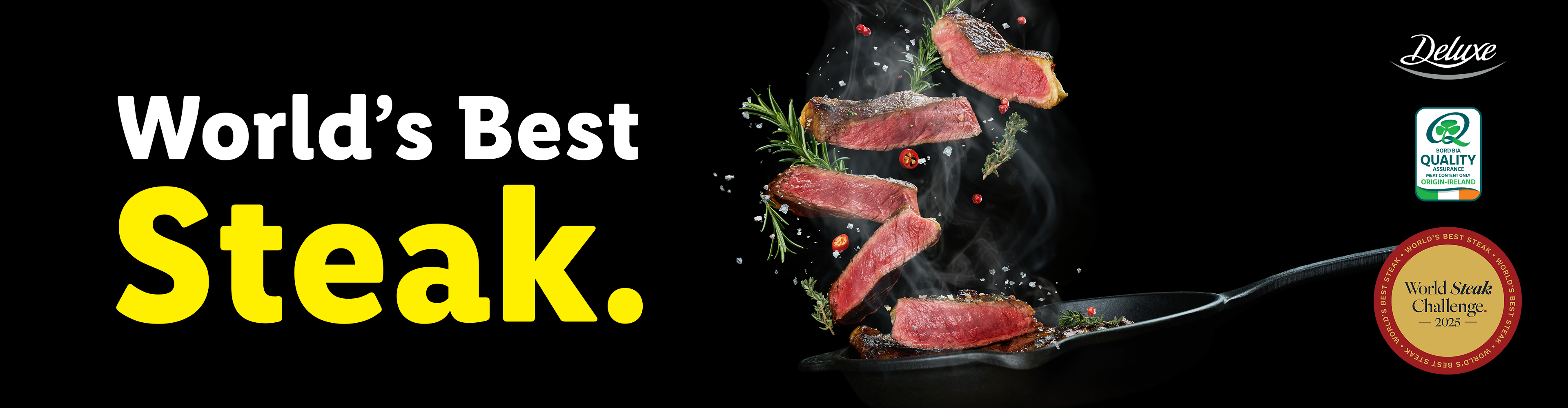 Slices of cooked steak with herbs and spices, next to text 'World's Best Steak' and awards.