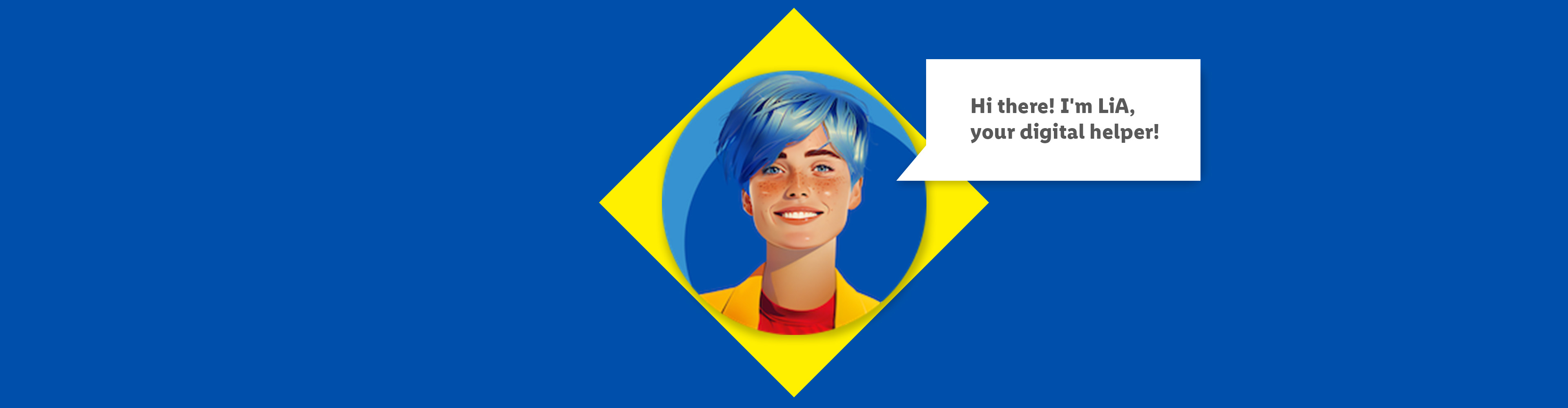 A digital helper with blue hair and freckles, saying 'Hi there! I'm LiA, your digital helper!'