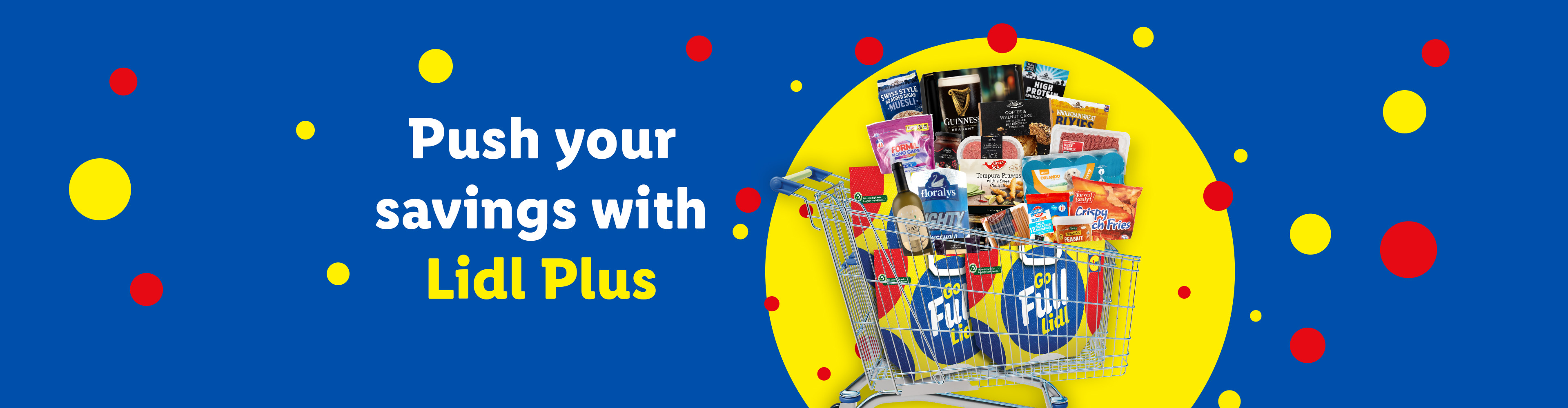 A Lidl Plus shopping cart overflowing with groceries, including Guinness and other brands, promotes savings.