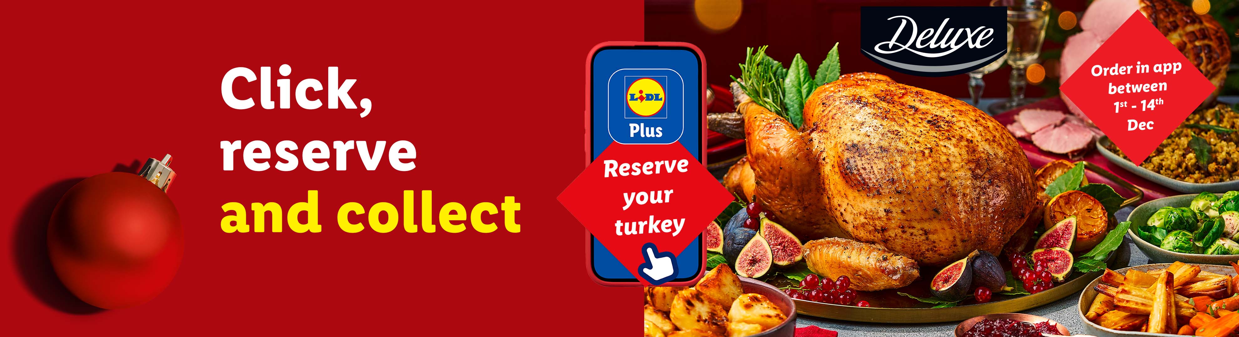 Lidl Plus app Christmas turkey reservation with Deluxe turkey, sides, and a festive ornament.