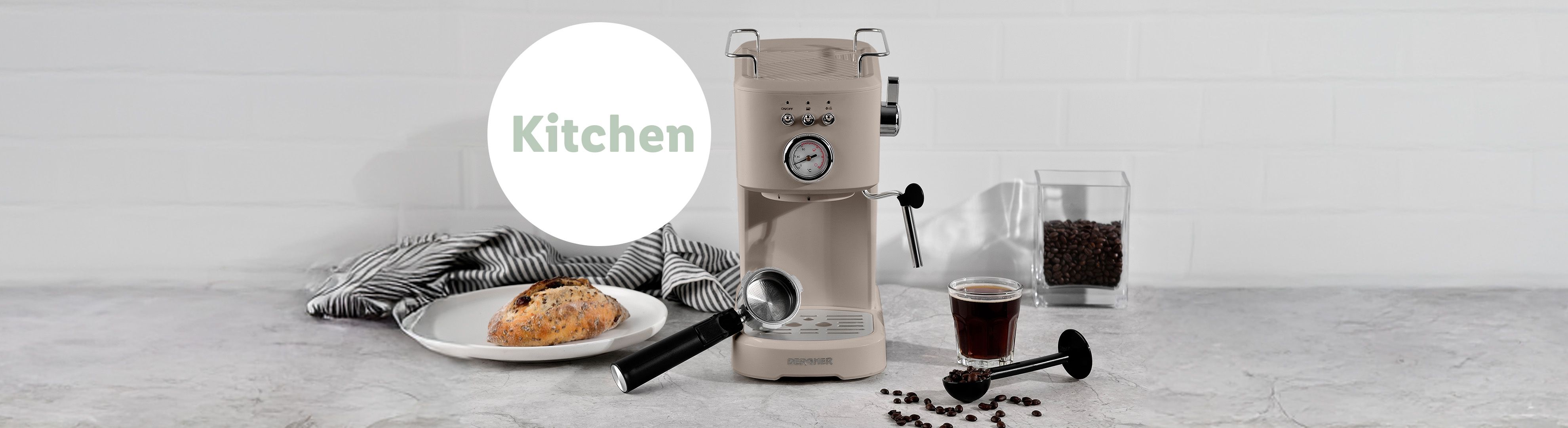 A beige retro-style De'Longhi espresso machine sits on a kitchen counter with coffee beans and a pastry.