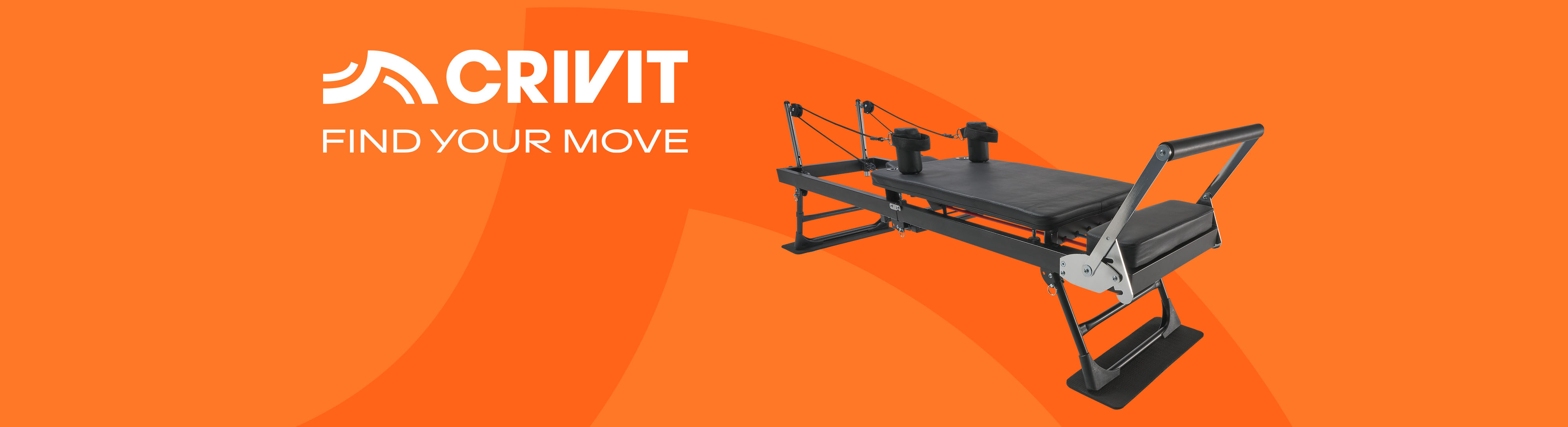 Crivit logo and text 'FIND YOUR MOVE' next to a black Pilates reformer on an orange background.