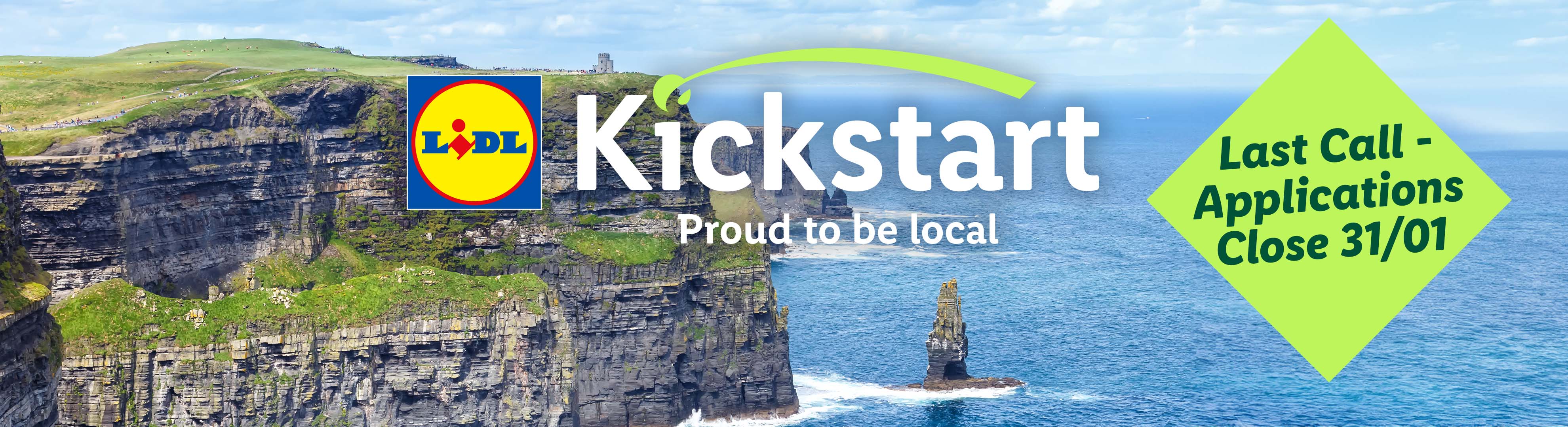 Lidl Kickstart program banner with Cliffs of Moher background, promoting local pride and application deadline of 31/01.