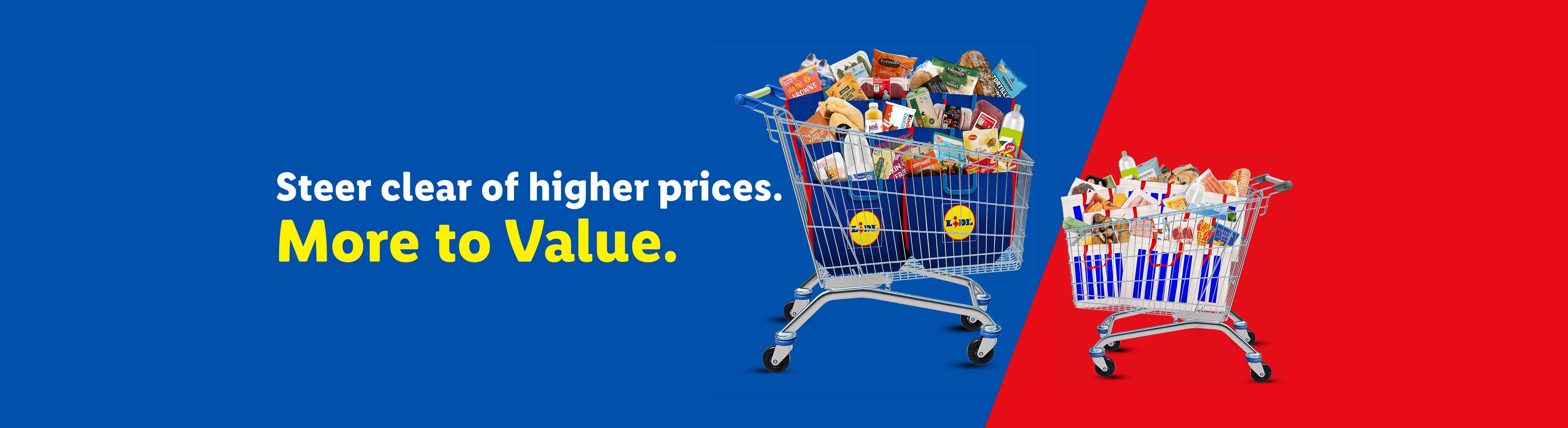 Two shopping carts, one full of groceries with Lidl bags, the other with white bags, against blue and red backgrounds, with text 'Steer clear of higher prices. More to Value.'
