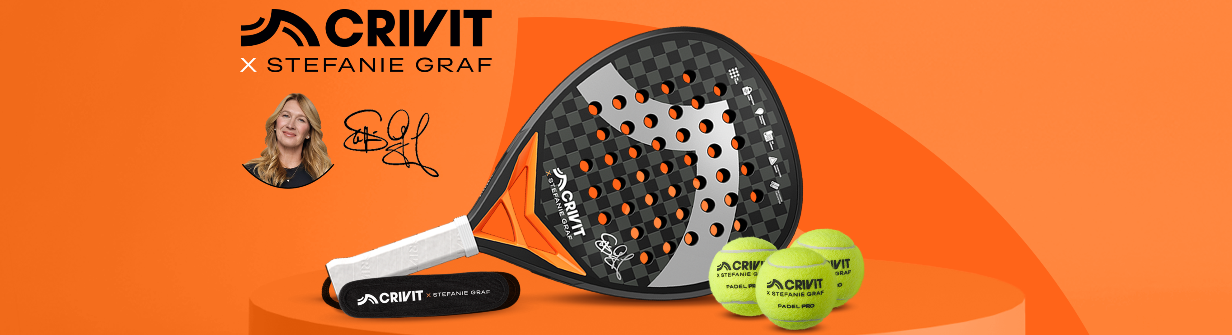 Padel racket and balls with a woman's portrait and signature, on an orange background.