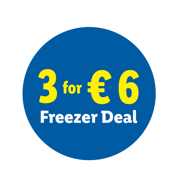 Blue circle with yellow text: '3 for €6 Freezer Deal'