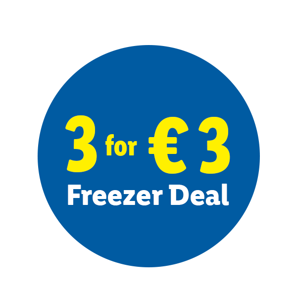 Blue circle with '3 for €3 Freezer Deal' in yellow and white text.