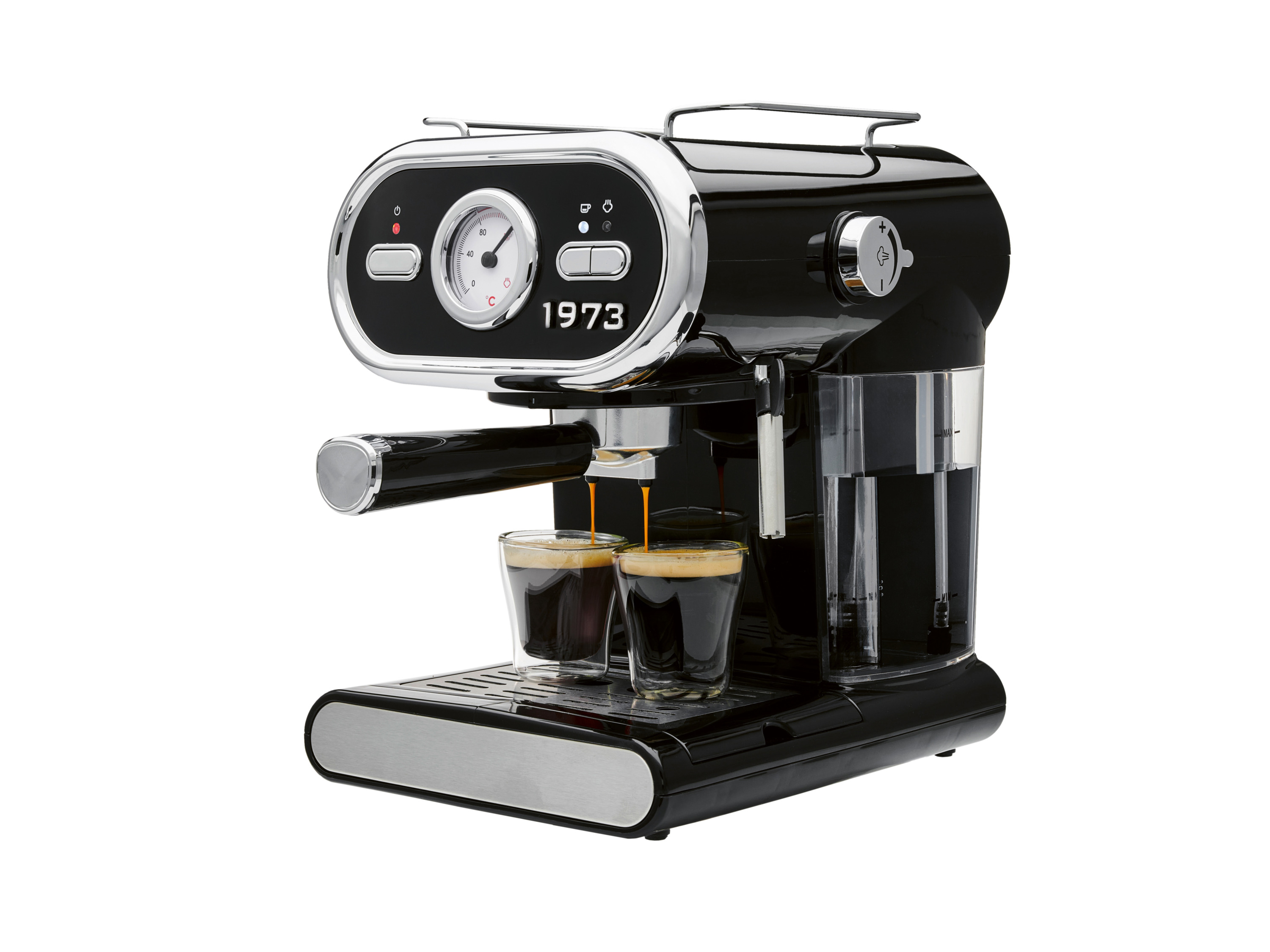 Black espresso machine with a retro design, brewing coffee into two small glasses.