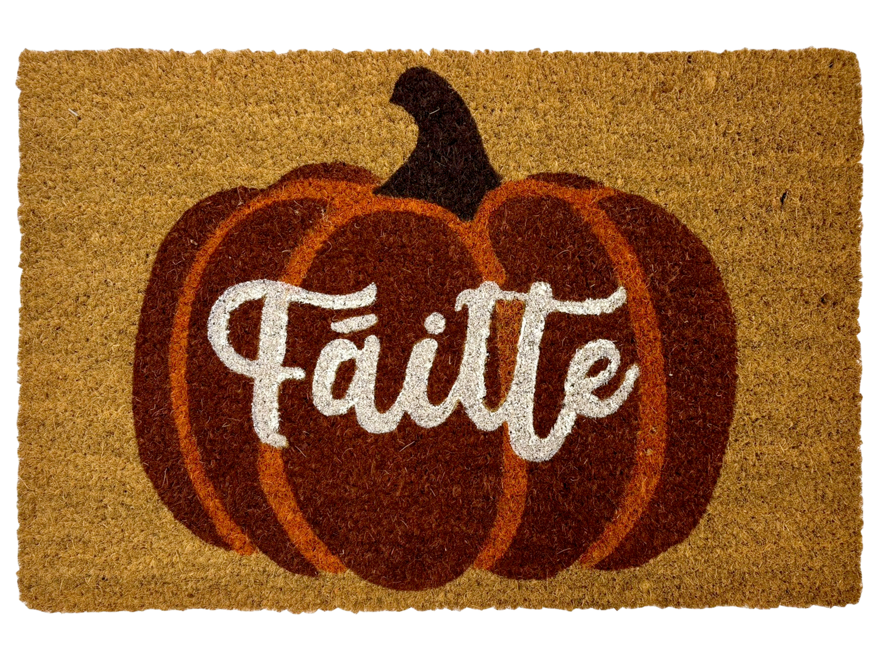 Pumpkin-shaped doormat with the word 'FÄITTE' in white script.