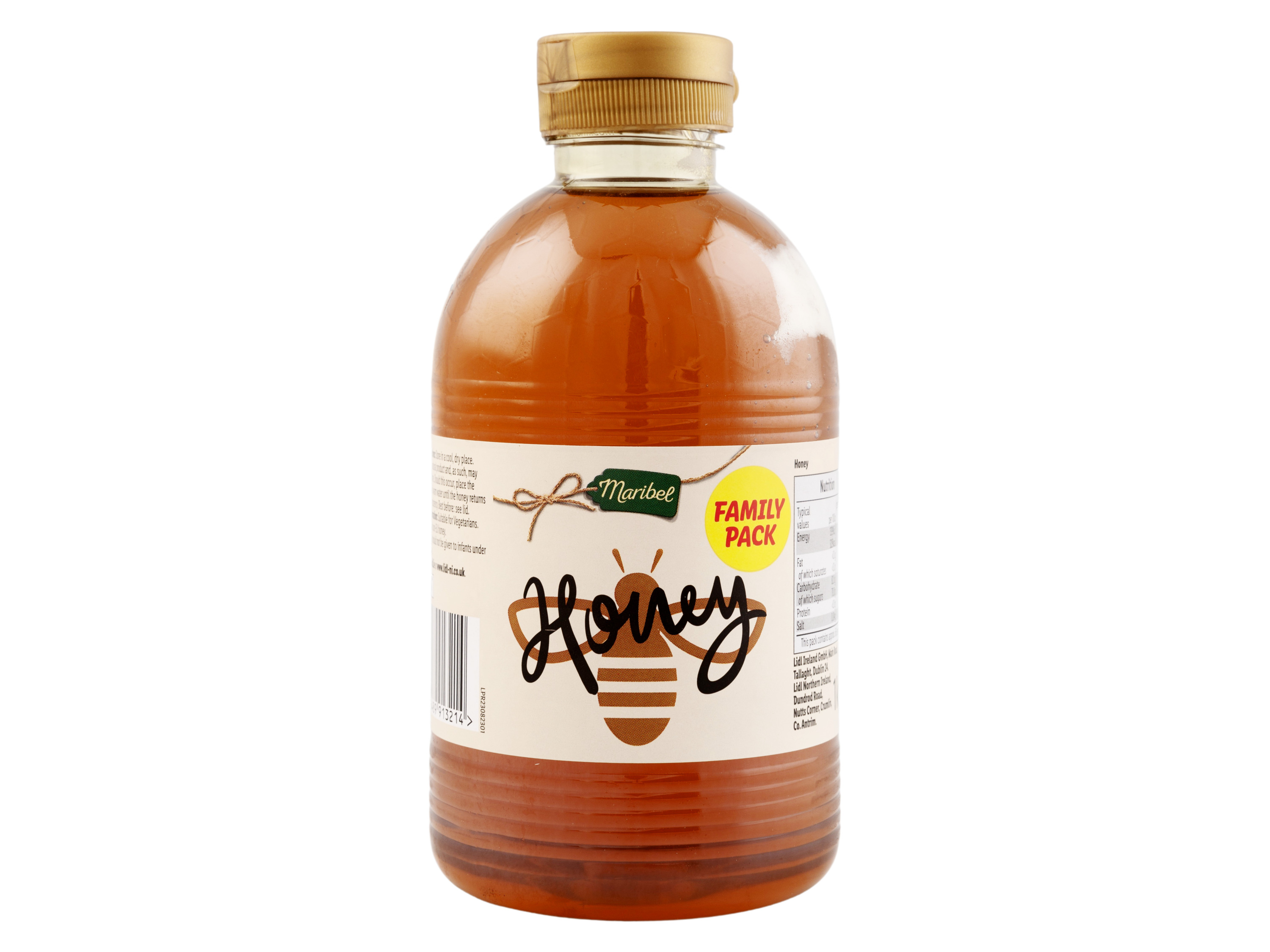 A bottle of Maribel honey with a 'Family Pack' label.