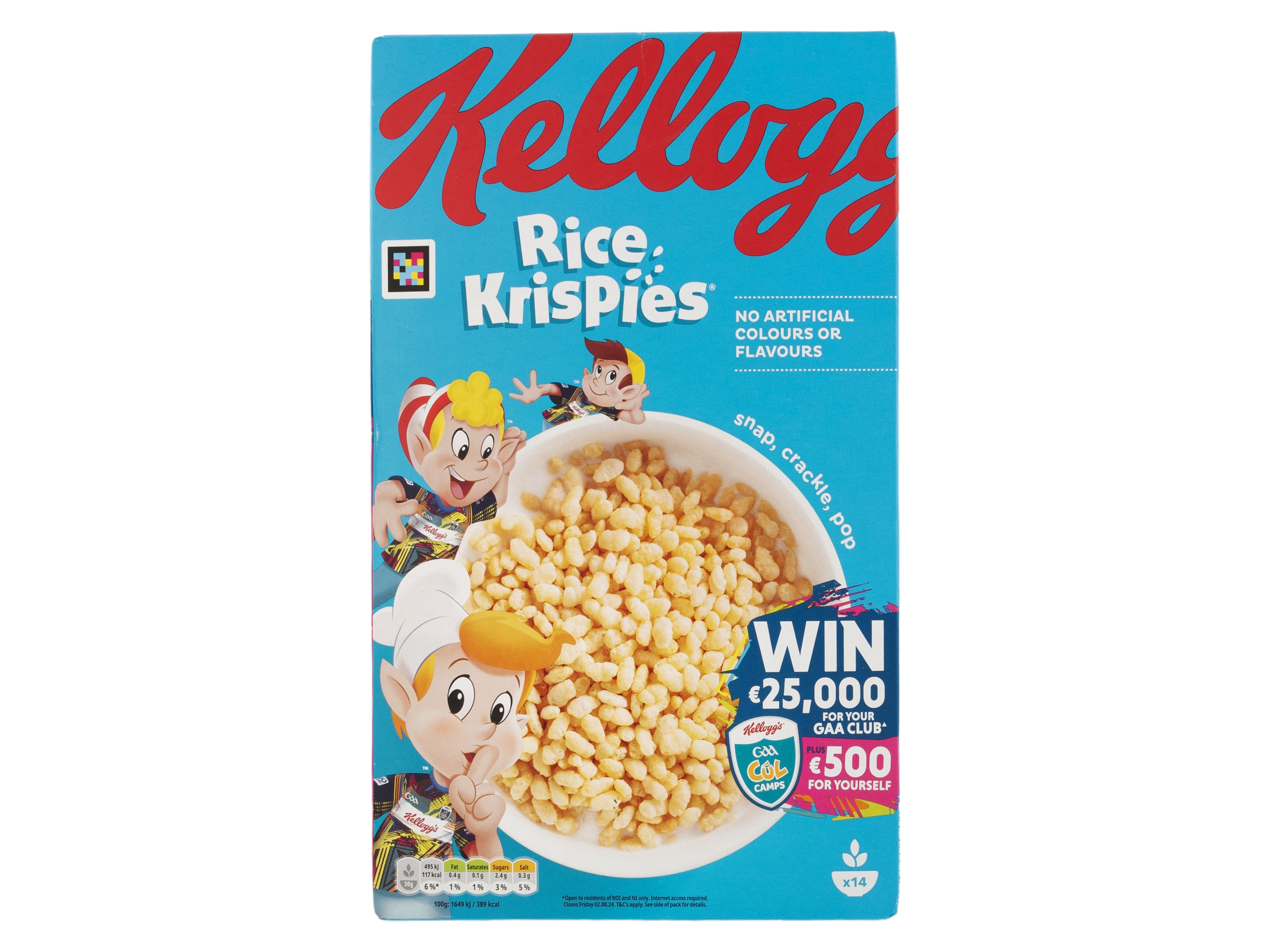 Kellogg's Rice Krispies cereal box featuring a Snap, Crackle, Pop contest.