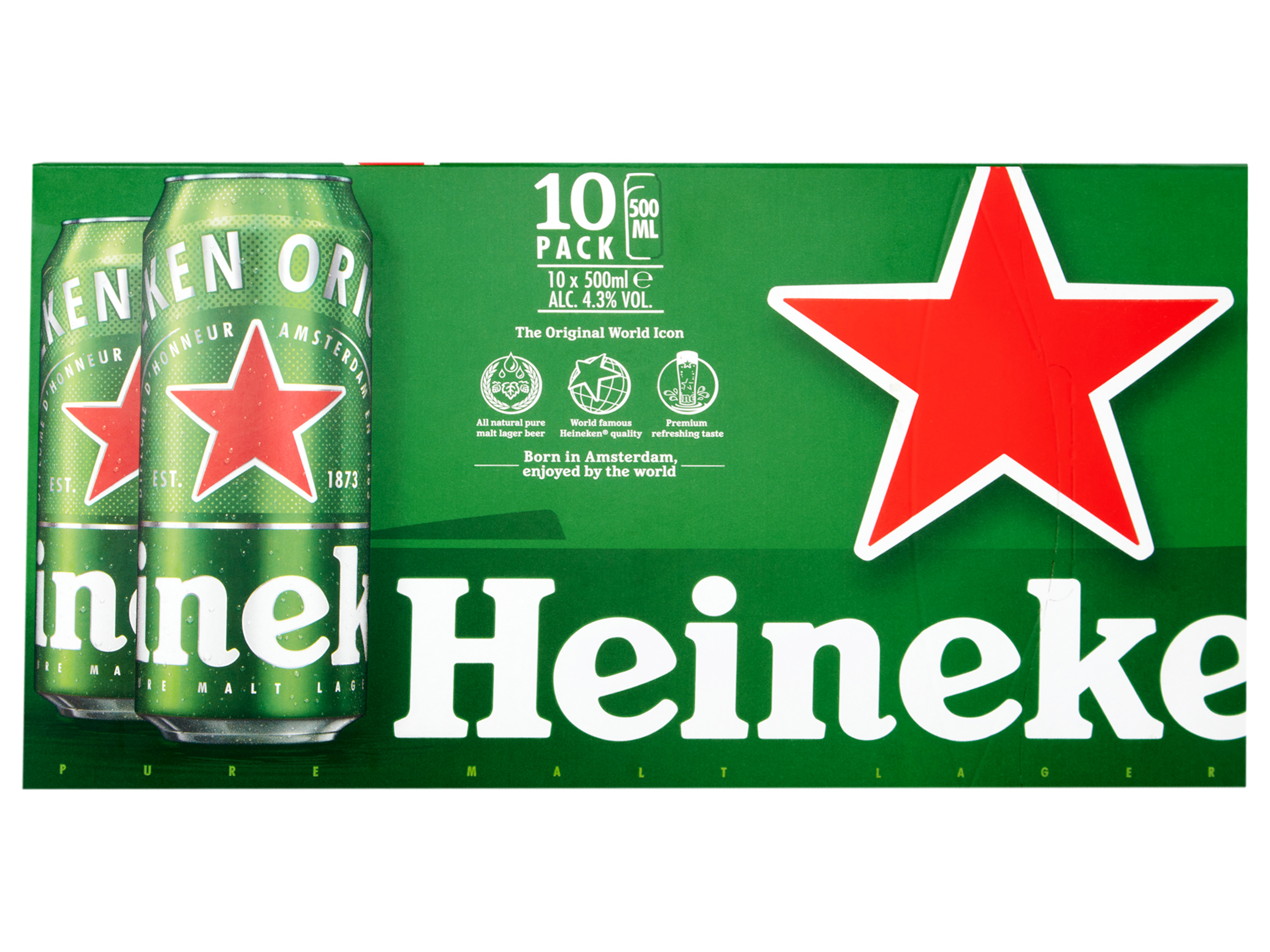 Ten-pack of Heineken 500ml beer cans.