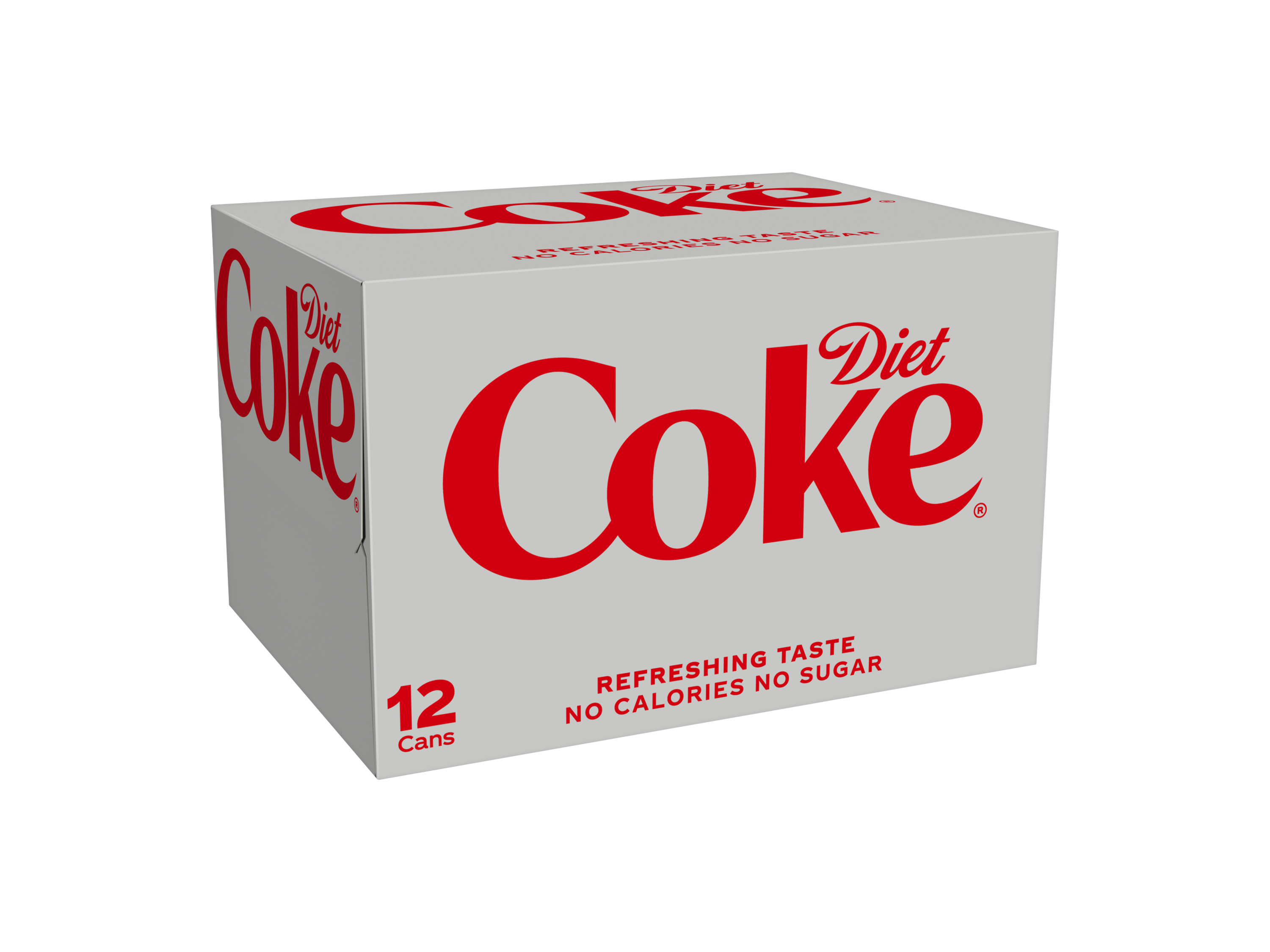 A 12-can pack of Diet Coke, white with red lettering, angled to show three sides.
