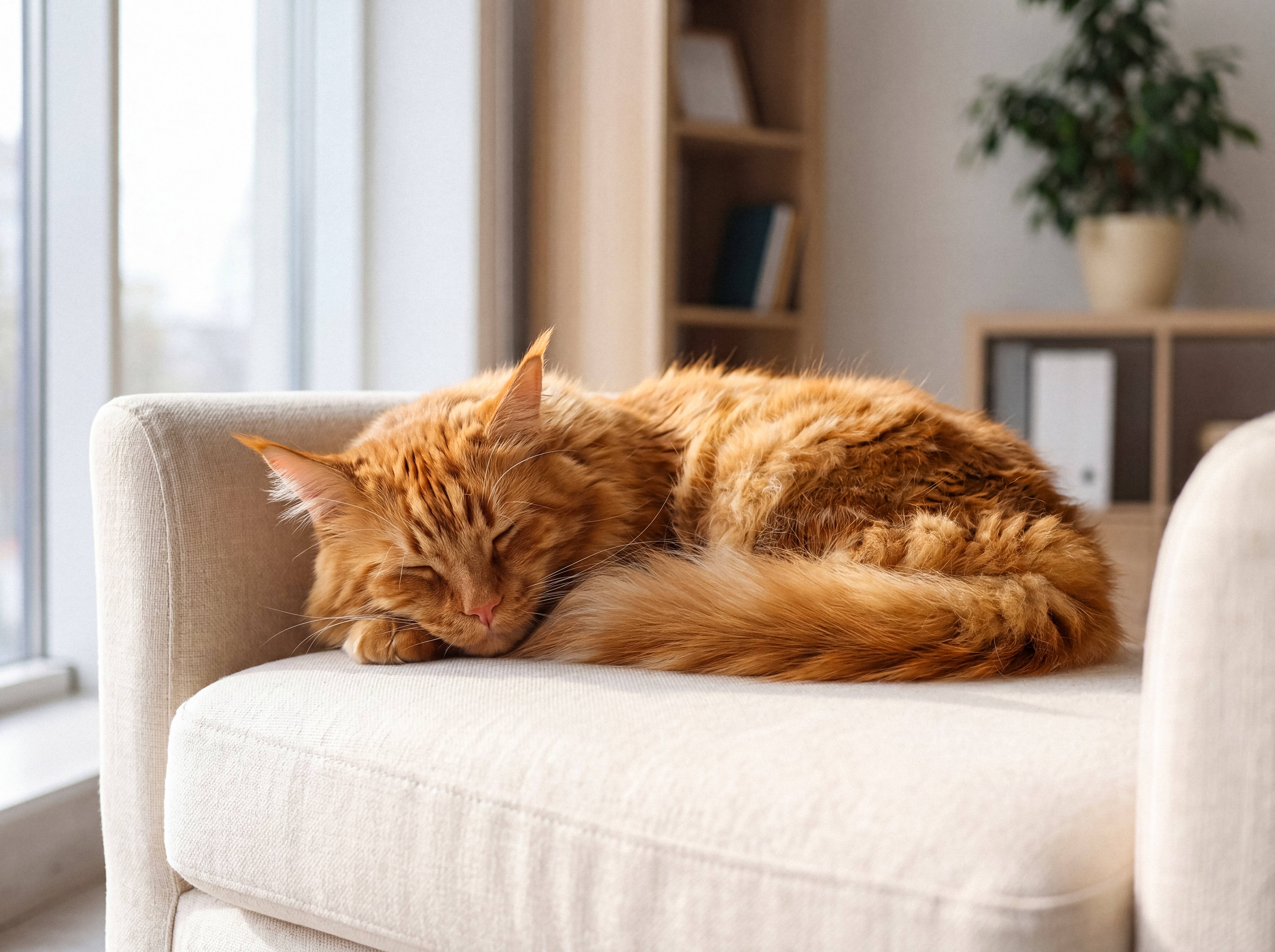 Ginger cat sleeping on a beige sofa in a living room.
