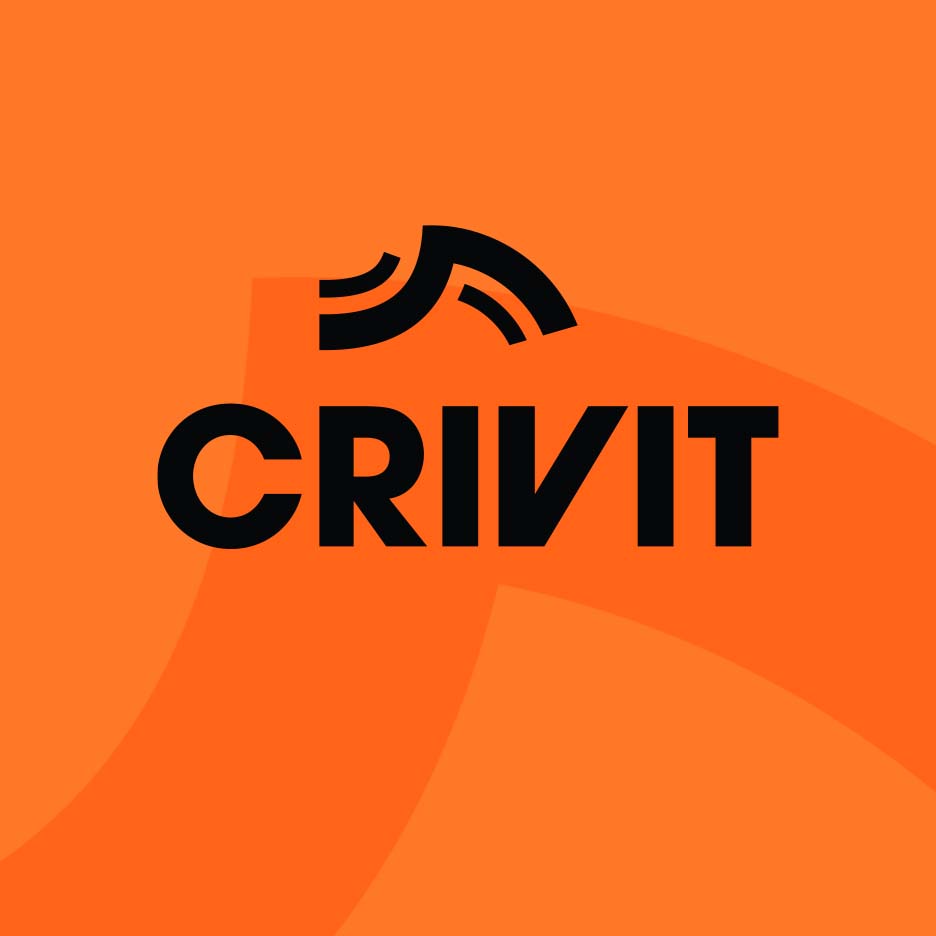 Crivit logo in black text with a stylized mountain graphic above it, on an orange background.