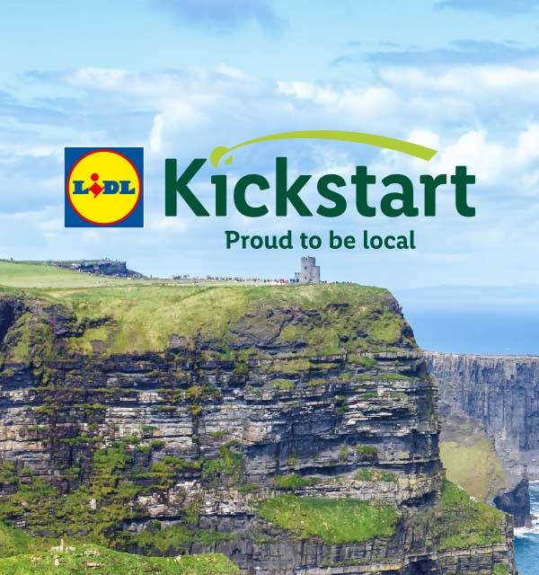 Lidl Kickstart logo with 'Proud to be local' text over the Cliffs of Moher.