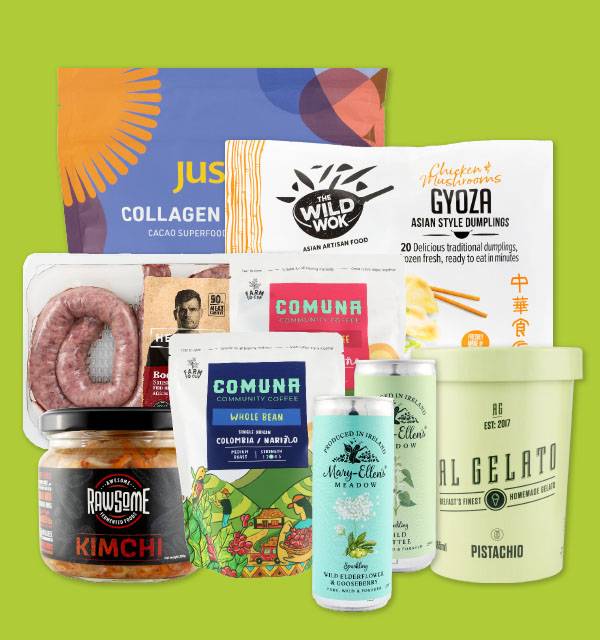 A variety of food products including collagen powder, dumplings, coffee, kimchi, gelato, and drinks.