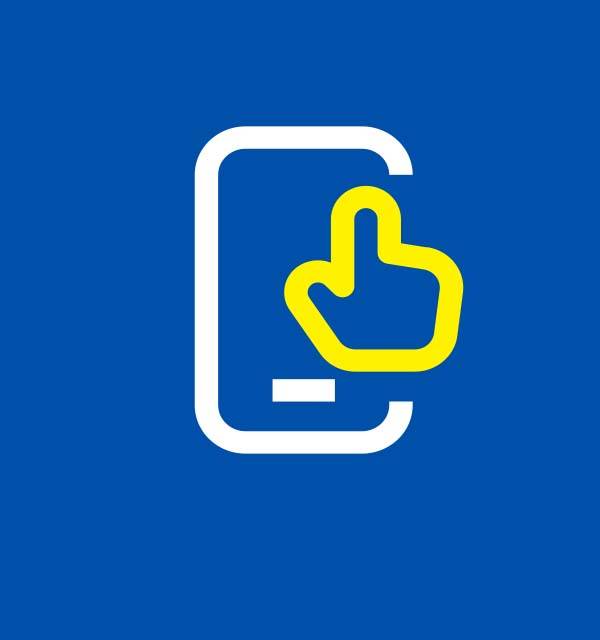 A white outline of a smartphone with a yellow thumbs-up icon on a blue background.