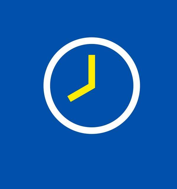 A clock icon with a white circle and yellow hands on a blue background.
