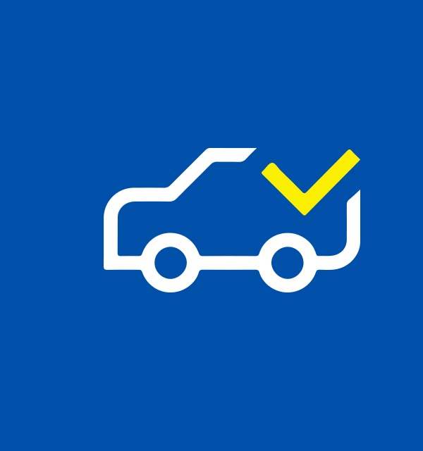 Outline of a car with a yellow checkmark above it on a blue background.