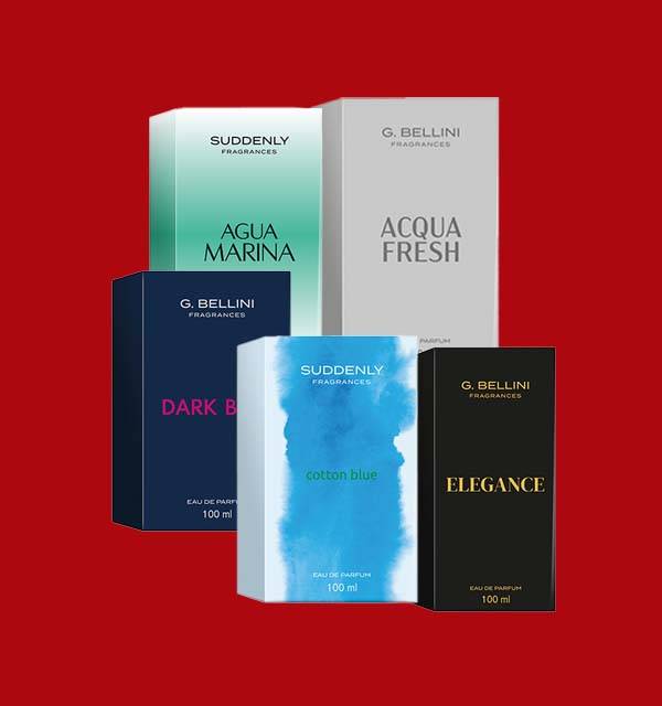 Five perfume boxes, including 'Agua Marina,' 'Acqua Fresh,' 'Dark B,' 'Cotton Blue,' and 'Elegance' scents.
