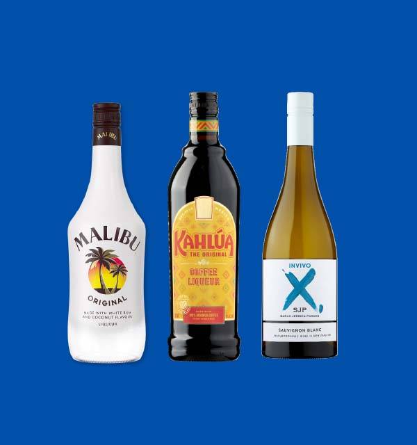 Three bottles of alcoholic beverages: a white rum and coconut liqueur, a coffee liqueur, and a Sauvignon Blanc wine.