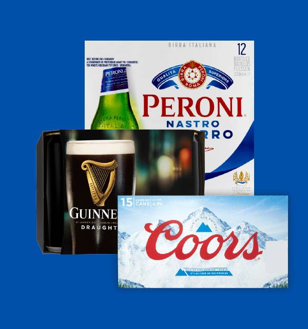 A variety of beer packs, including Italian lager, Irish stout, and American lager.