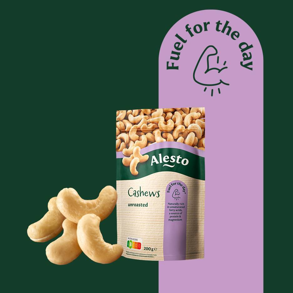 Unroasted cashews in a package, with loose cashews and a 'Fuel for the day' graphic.