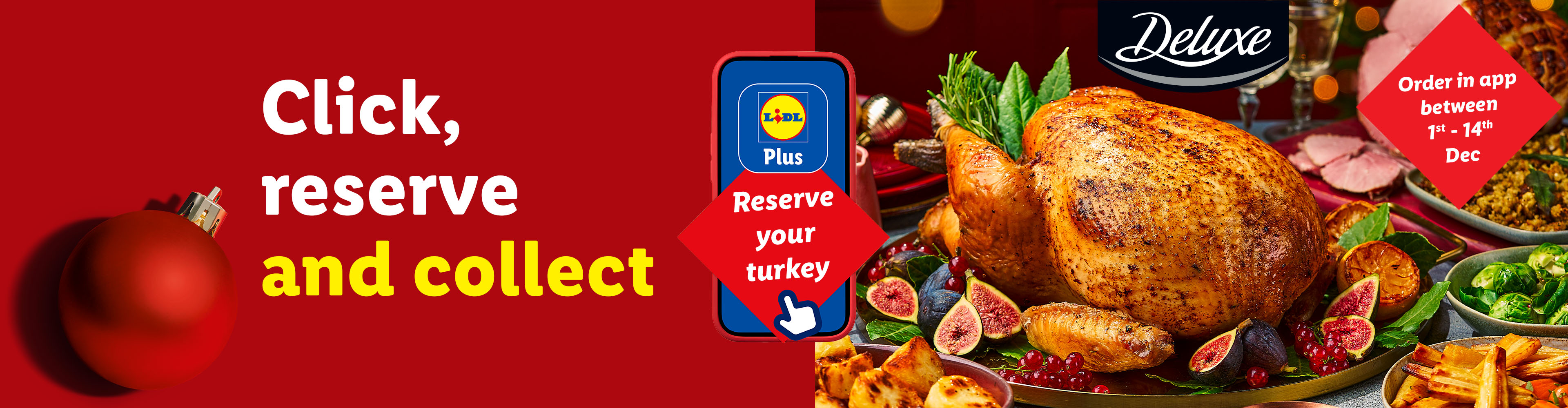 Lidl Plus app for reserving a Deluxe Christmas turkey, with text 'Click, reserve and collect' and 'Order in app between 1st - 14th Dec'.