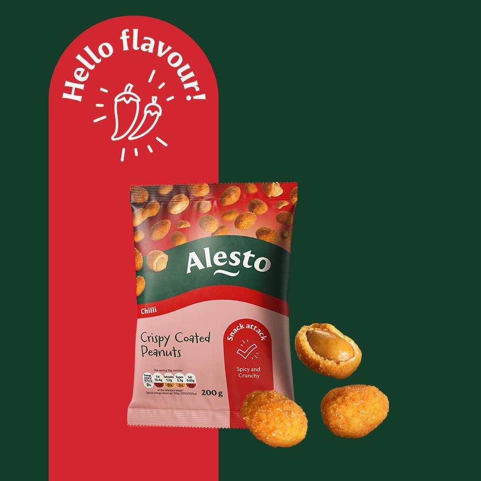 A bag of crispy coated chilli peanuts with loose peanuts, against a red and green background.