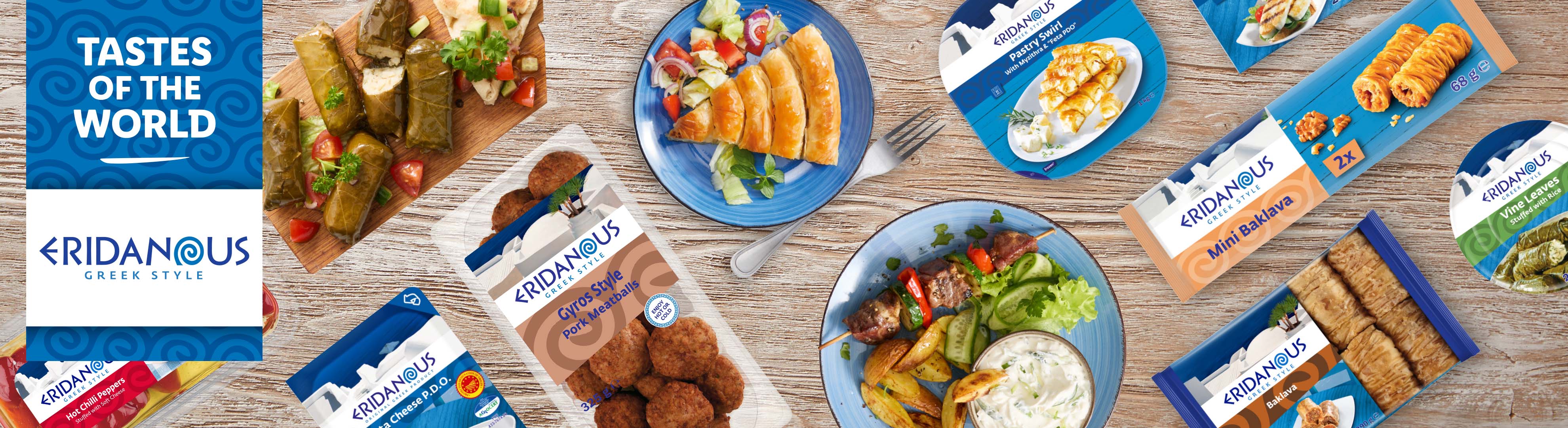 Eridanous Greek food products, including baklava, meatballs, and dolmades, are displayed on a wooden surface.