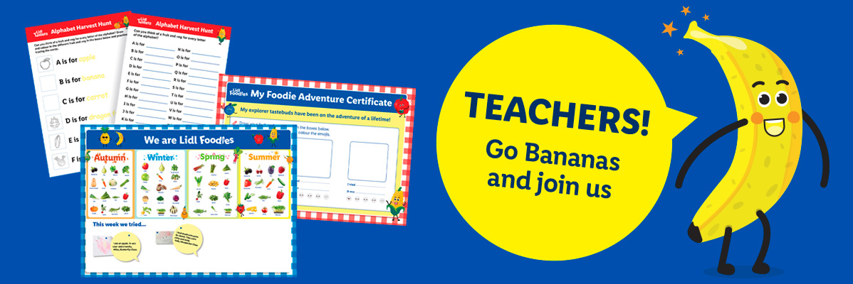 Educational materials for teachers, including an alphabet harvest hunt, a foodie adventure certificate, and a seasonal food chart, with a cartoon banana character.